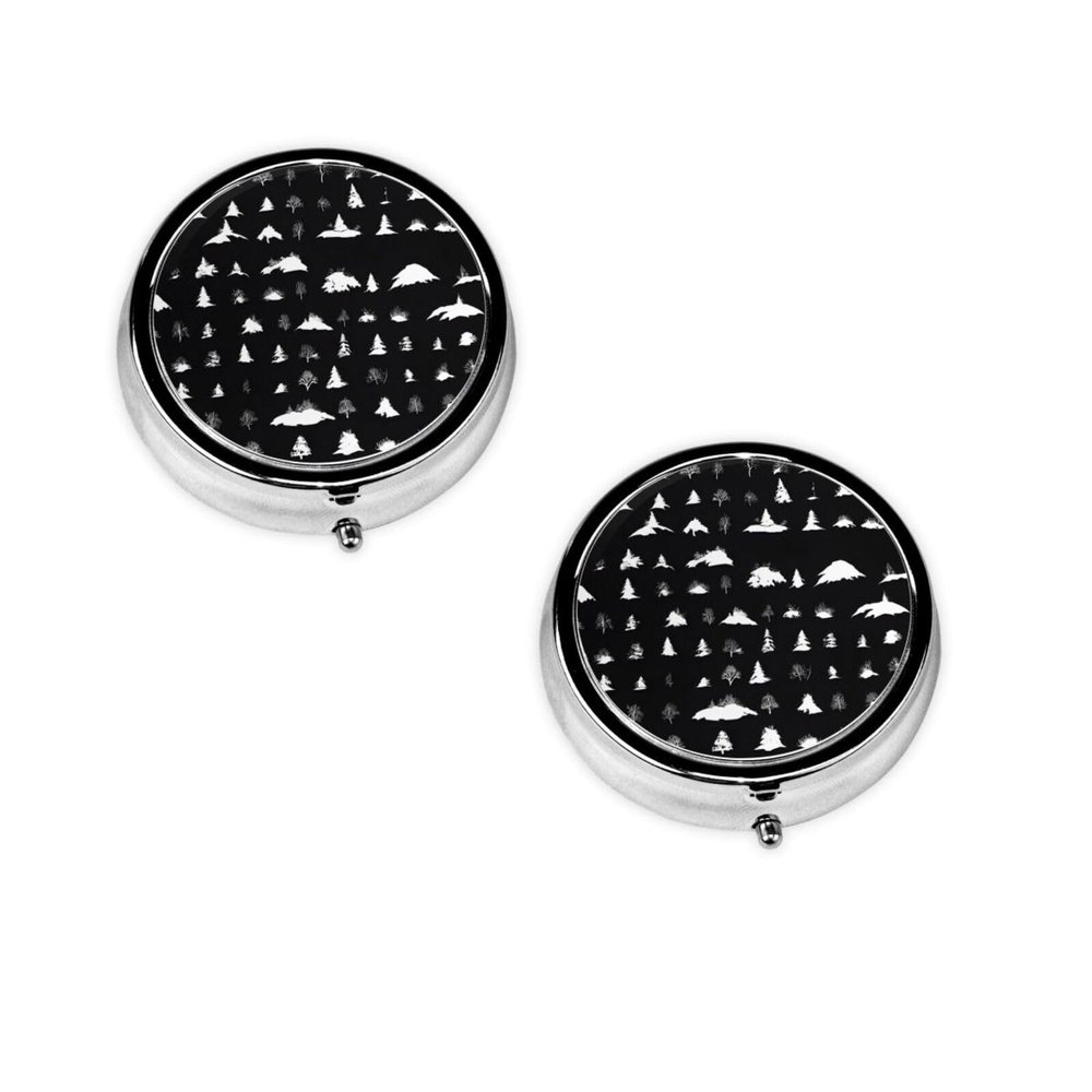 (Black & White Trees) Round Pill Box,3 Compartment Pill Box Mini Decorative Pocket Purse Portable Travel Medicine Tablet Vitamin Holder Organizer Pill Case