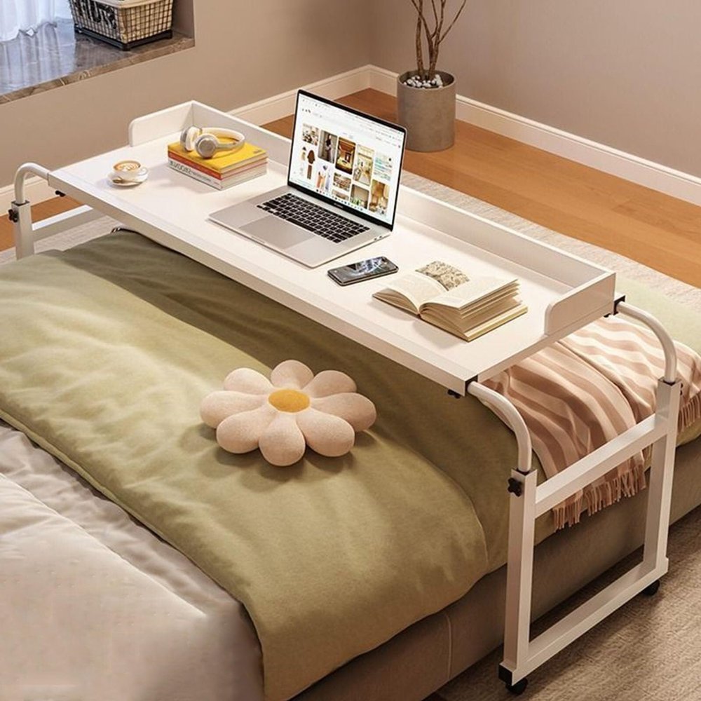 115-210cm Overbed Table with 4 Wheels, Standing Workstation Bed Table Adjust Height 65-95cm Computer Desk Food Tray Desk Rolling Medical Table for Home and Hospital