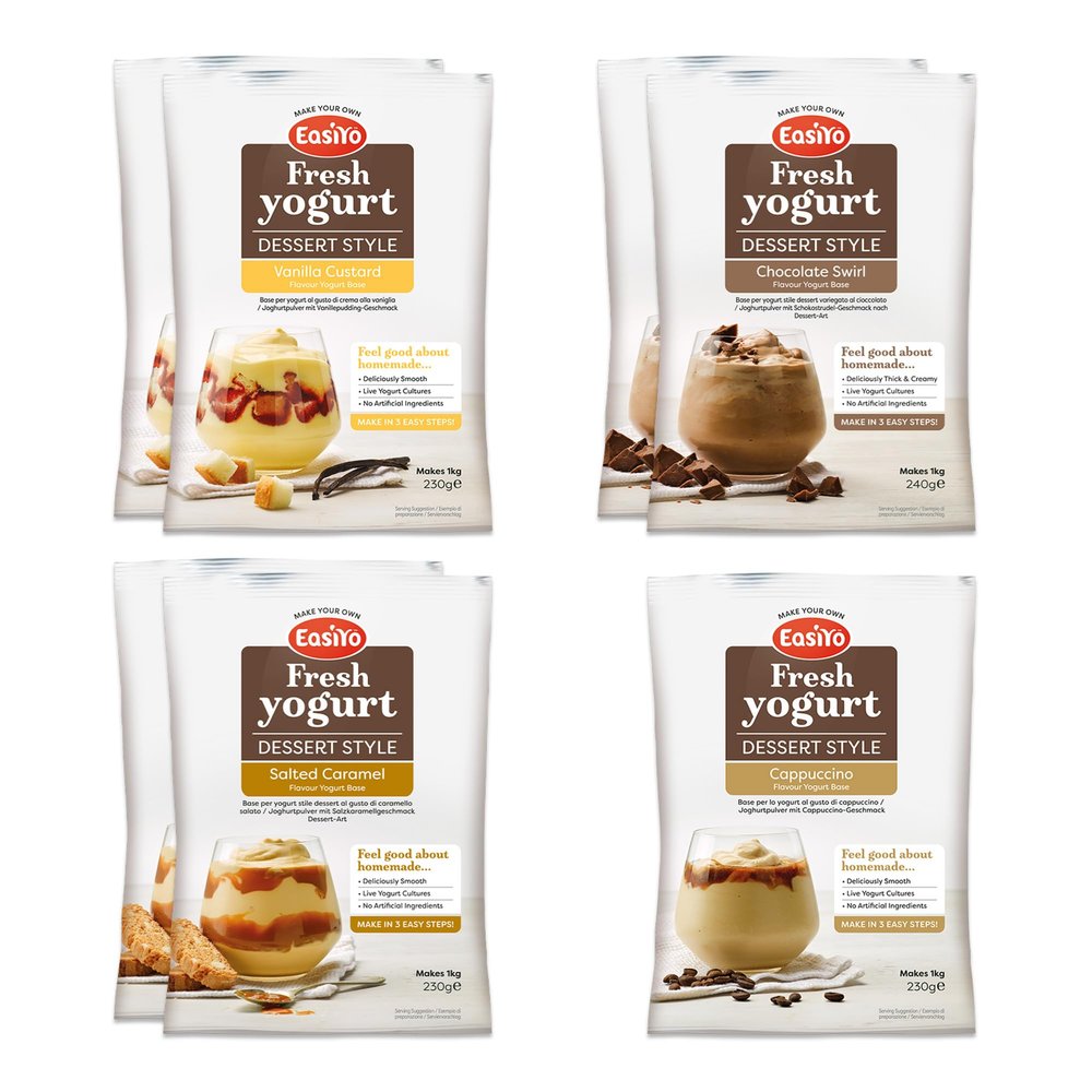 EasiYo Yogurt 7 Sachet Pack | EasiYo Dessert Mixed Pack | 2 x Chocolate Swirl 2 x Salted Camarel 2 x Vanilla Custard 1 x Cappuccino | Each Sachet Makes 1kg of Yogurt