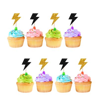 24pcs Lightning Cupcake Toppers, Lightning Bolt Cupcake Toppers, Black Glitter Weather Cake Decoration for Baby Shower, Lightning Weather Themed Birthday Party Supplies