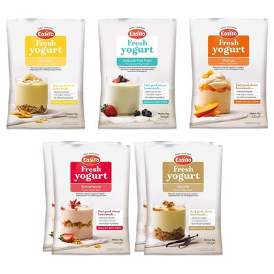 EasiYo Yogurt 7 Sachet Pack | EasiYo Mixed Pack | 2 x Strawberry 2 x Vanilla 1 x Banana 1 x Mango 1x Natural Fat Free | Each Sachet Makes 1kg of Yogurt