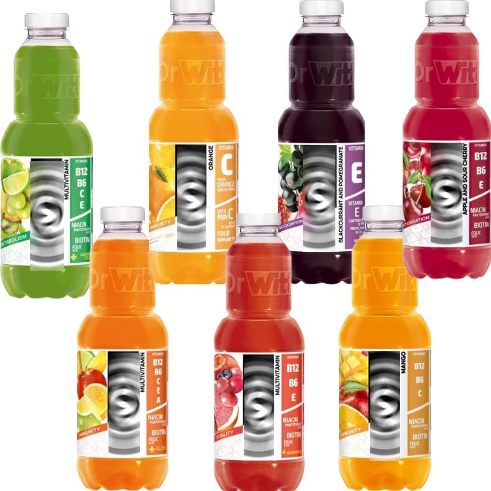 Random Mixed Dr Wit Green, Yellow, Orange, Blackcurrant Pomegranate, Mango Apple Orange, Red Multtivitamin 1L (12 Mixed)