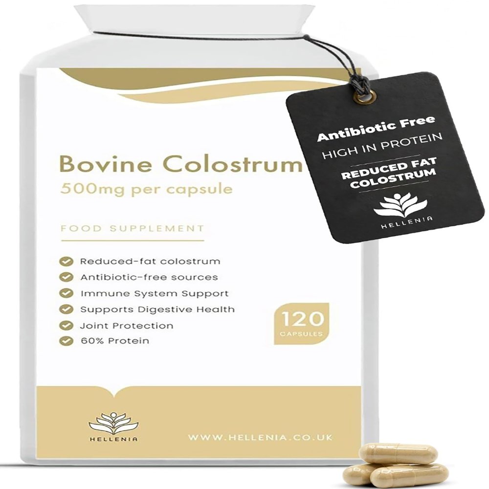 Pure Colostrum Capsules 500mg - 120 Capsules | Reduced-Fat Colostrum from Grass-fed Cows | 20% Immunoglobulins G | Free from Antibiotics | Digestive Health - Made in The UK by Hellenia