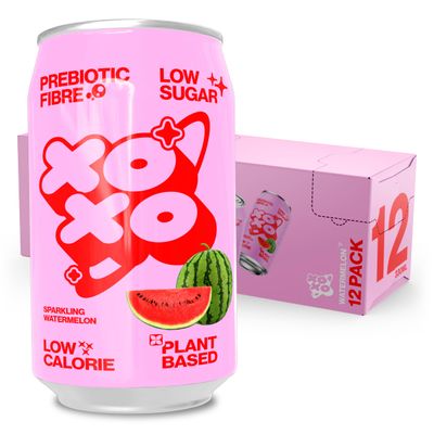 XOXO Watermelon Prebiotic Soda (12 x 330ml Cans) | Refreshing Sparkling Prebiotic Drink With 6g of Plant-based Prebiotic Fibre | Natural & Low Sugar & Low Calorie Drink | High in Fibre
