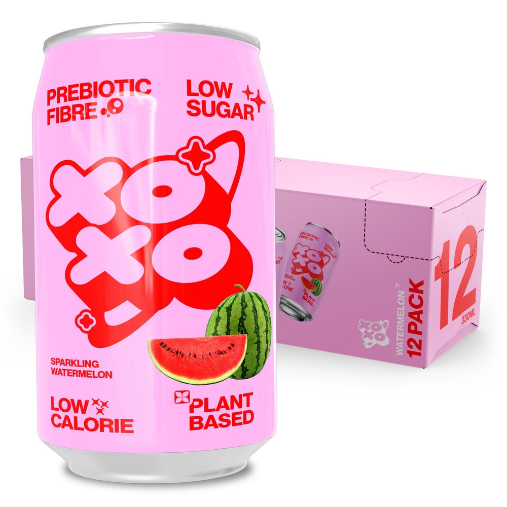 XOXO Watermelon Prebiotic Soda (12 x 330ml Cans) | Refreshing Sparkling Prebiotic Drink With 6g of Plant-based Prebiotic Fibre | Natural & Low Sugar & Low Calorie Drink | High in Fibre