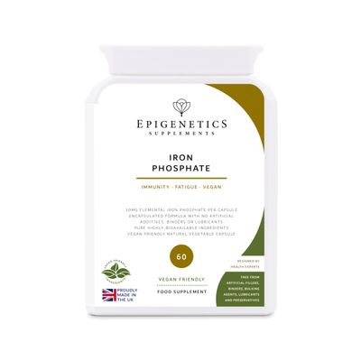 Iron Phosphate | 10mg Elemental Iron | Energy Production, Hemoglobin & Immune Support | 60 Vegan Capsules UK Made | Long 2 Month Supply by Epigenetics Supplements