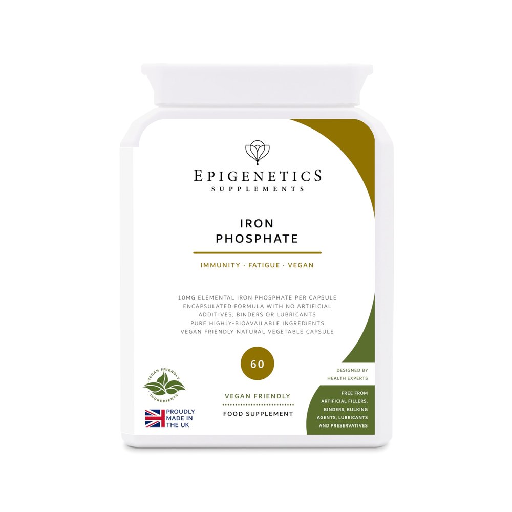 Iron Phosphate | 10mg Elemental Iron | Energy Production, Hemoglobin & Immune Support | 60 Vegan Capsules UK Made | Long 2 Month Supply by Epigenetics Supplements