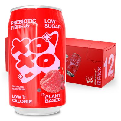XOXO Red Berries Prebiotic Soda (12 x 330ml Cans) | Refreshing Sparkling Prebiotic Drink With 6g of Plant-based Prebiotic Fibre | Natural & Low Sugar & Low Calorie Drink | High in Fibre