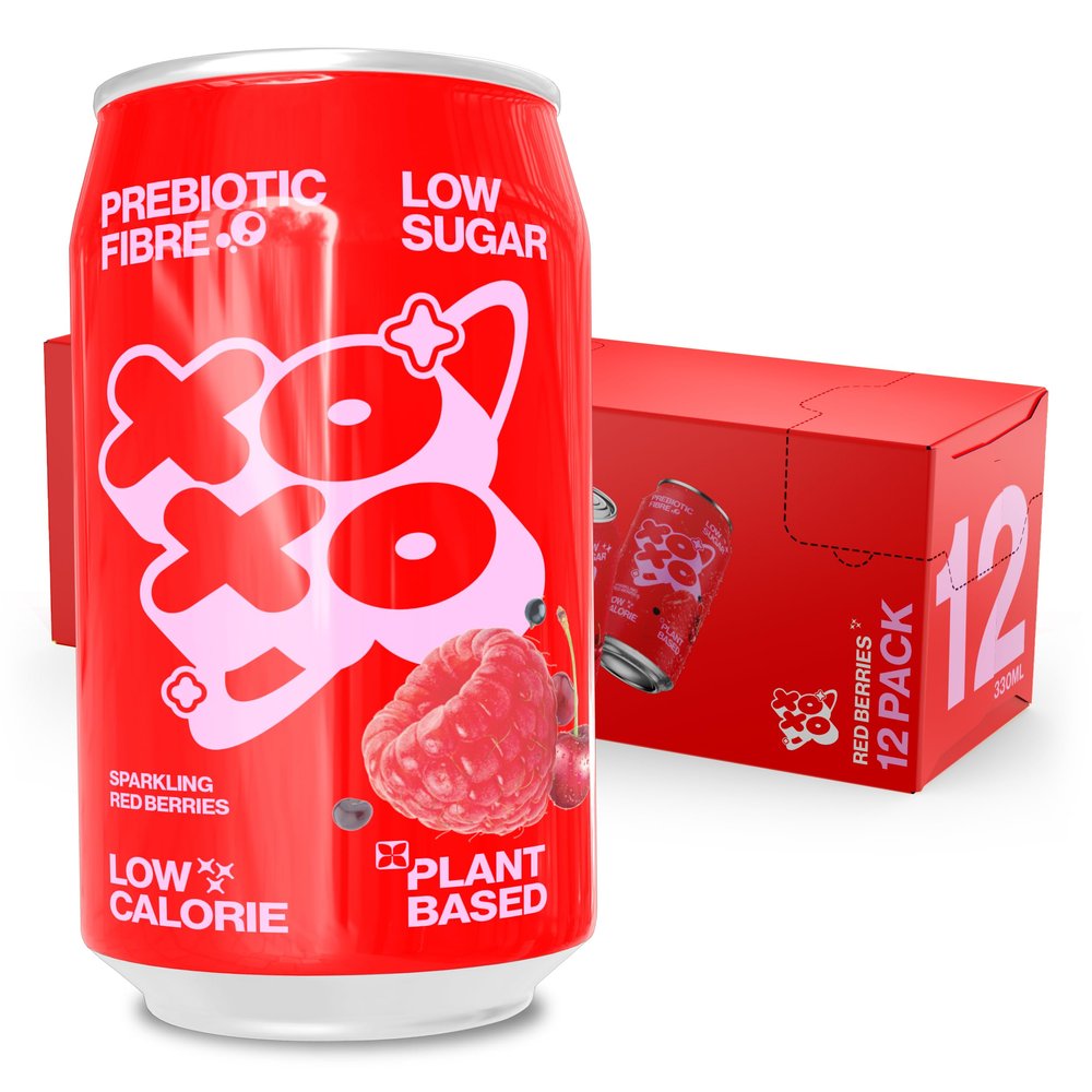 XOXO Red Berries Prebiotic Soda (12 x 330ml Cans) | Refreshing Sparkling Prebiotic Drink With 6g of Plant-based Prebiotic Fibre | Natural & Low Sugar & Low Calorie Drink | High in Fibre