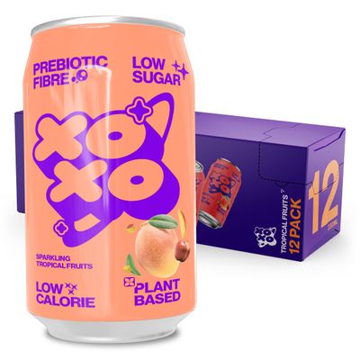 XOXO Tropical Prebiotic Soda (12 x 330ml Cans) | Refreshing Sparkling Prebiotic Drink With 6g of Plant-based Prebiotic Fibre | Natural & Low Sugar & Low Calorie Drink | High in Fibre