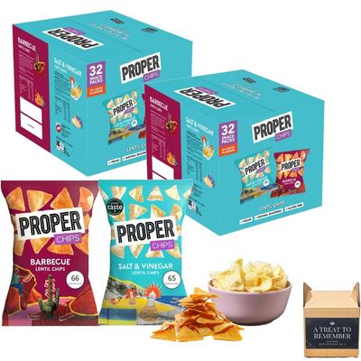 PROPERCHIPS - Multipack Box Barbecue and Salt & Vinegar Lentil Chips, Vegan Gluten Free Snacks 14g, 32 Packs, (16 bags of each flavour) (2 Boxes)