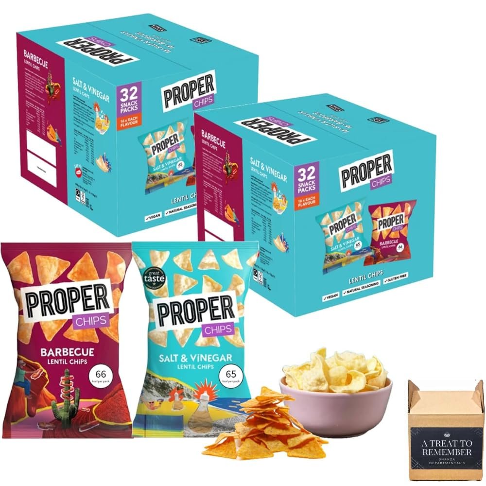 PROPERCHIPS - Multipack Box Barbecue and Salt & Vinegar Lentil Chips, Vegan Gluten Free Snacks 14g, 32 Packs, (16 bags of each flavour) (2 Boxes)
