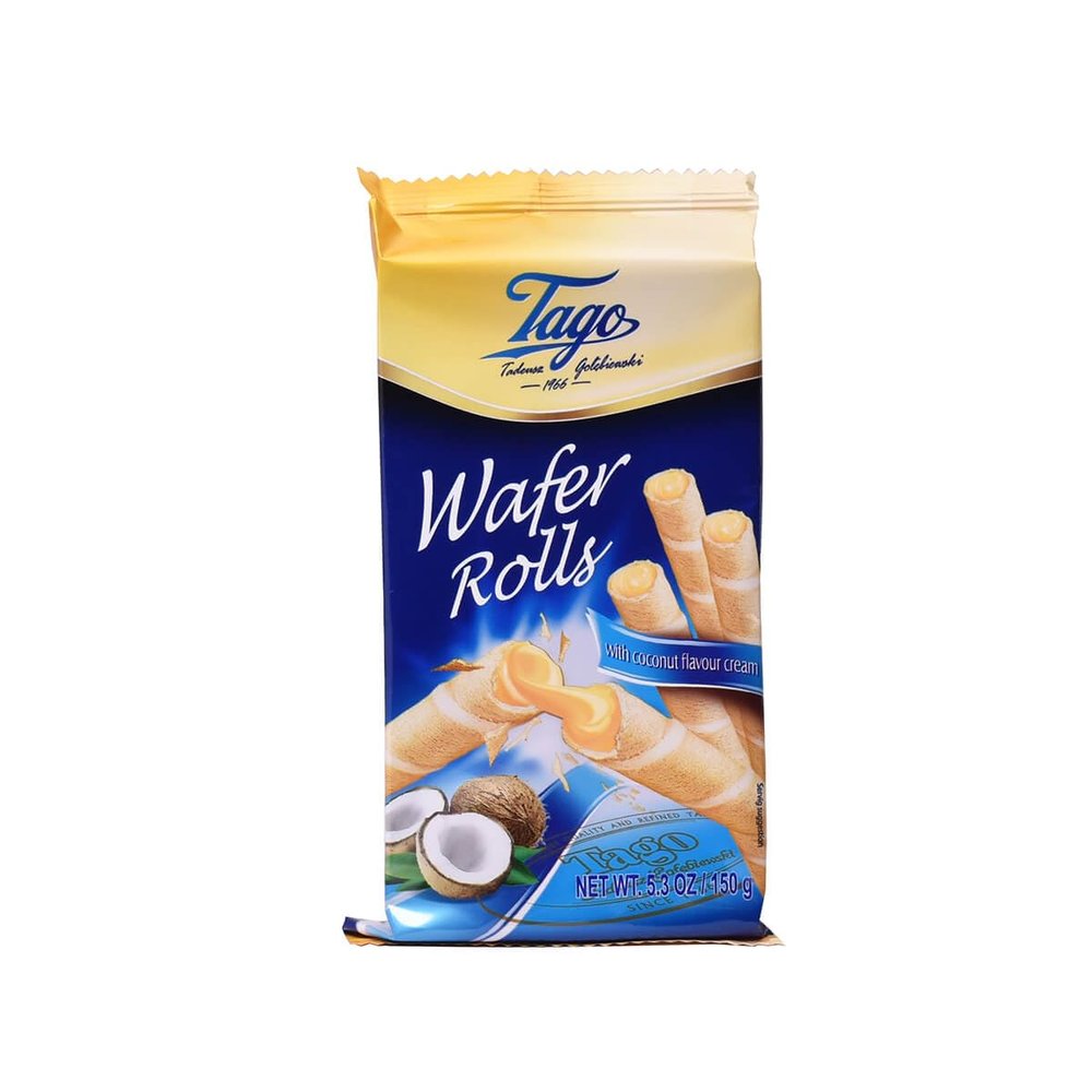 Tago Wafer Rolls from Serendib | Crispy wafer rolls with flavoured Cream Filling (150g) | (3 Packets, Coconut cream filling)