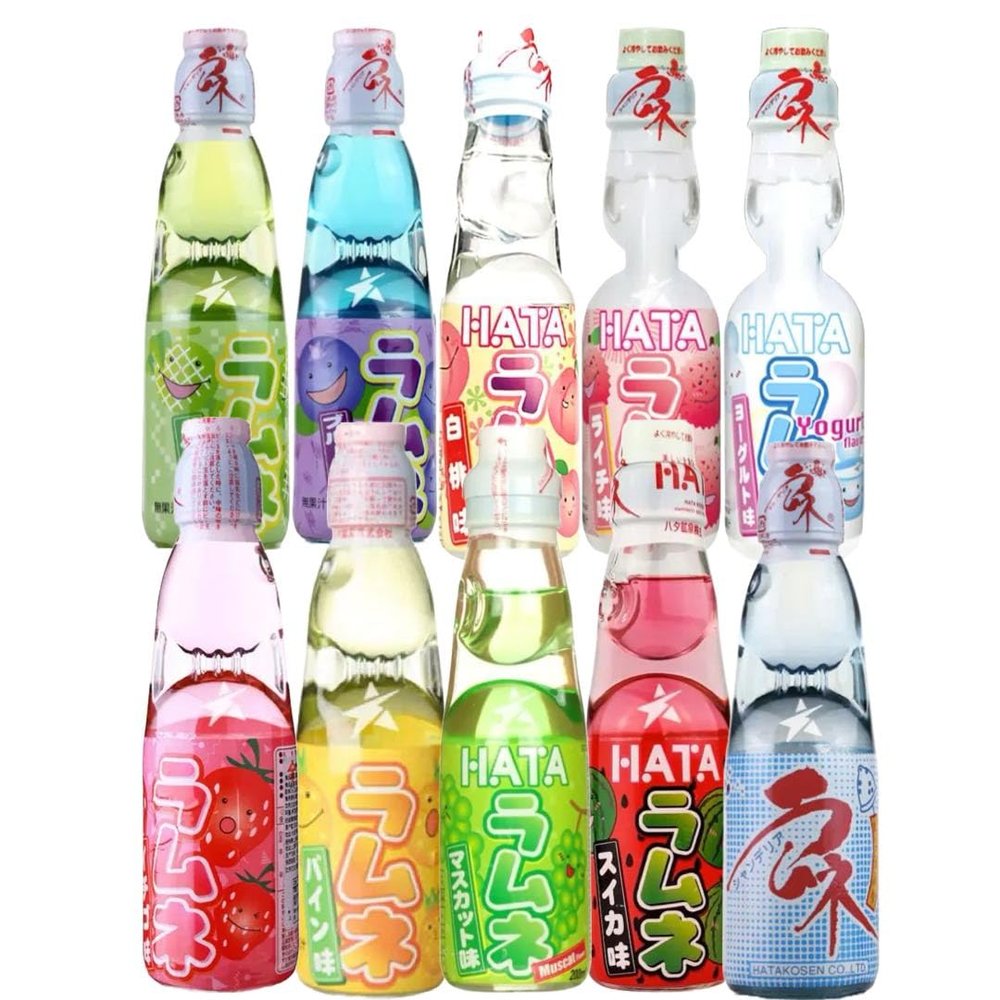 Hatakosen Ramune Soda Japanese Soft Drinks 10 Bottles Set 200 ml by Starry Mart (10 Bottles, 8 Flavours)