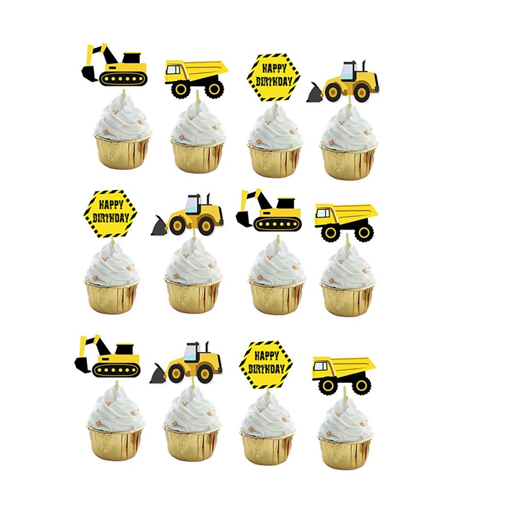 12PCS Construction Birthday Cake Topper,Excavator Bulldozer Road Roller Truck Second Birthday Cake Decor for Boys, Engineering Themed Party Supplies Decoration