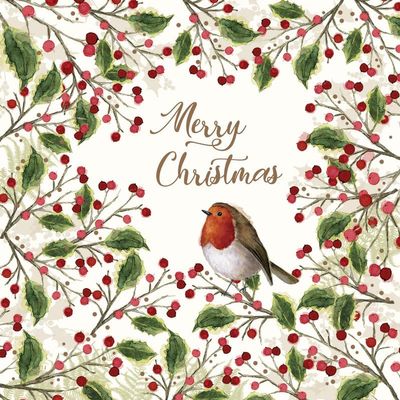 20 Napkins Christmas Bird with Berries Around Merry Christmas as Table Decoration Paper Napkins with Motif Also for Decoupage and Decoupage 33 x 33 cm