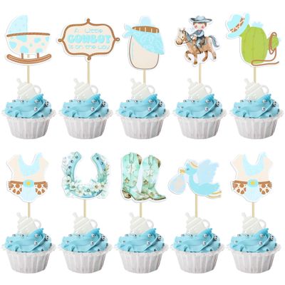 Ephlyn 36Pcs A little Cowboy is On The Way Cupcake Toppers Cowboy Riding Horseshoe Cowgirl Hats Western Theme Happy Birthday Baby Shower Party Cake Decorations Supplies Blue
