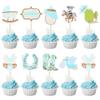 Ephlyn 36Pcs A little Cowboy is On The Way Cupcake Toppers Cowboy Riding Horseshoe Cowgirl Hats Western Theme Happy Birthday Baby Shower Party Cake Decorations Supplies Blue view 1