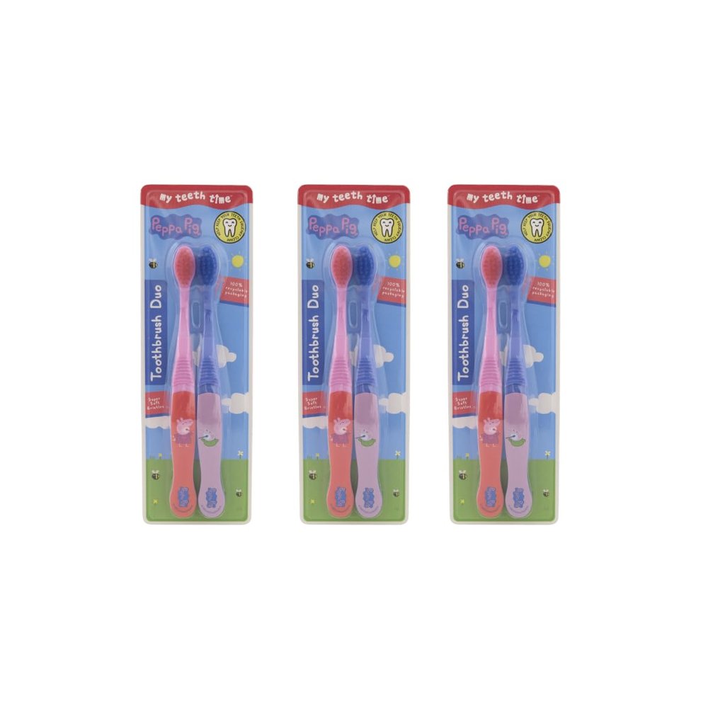 My Teeth Time Peppa Pig Toothbrush Duo, Dental Care, for Kids Aged 4-6 Years, Twin Pack, Soft Toothbrush, Peppa and George Design, Multicoloured, 3 X Duo Pack