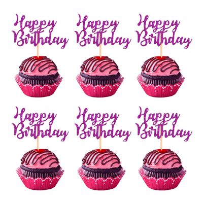 BEISHIDA 24pcs Happy Birthday Cupcake Toppers Birthday Cupcake Decoration Hot Pink Glitter Cupcake Toppers for 18th 30th 40th 50th 60th Cake Decoration Men Women Birthday Party Supplies