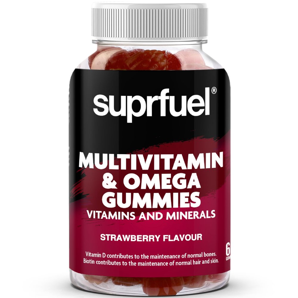 Suprfuel Multivitamin & Omega Gummies-60 Strawberry Flavour Multivitamin and Biotin Gummies-Vegan, Daily Supplement with Omega3, Vitamins A, C, D, E & Biotin-Supports Immune Health, Bones, Hair & Skin