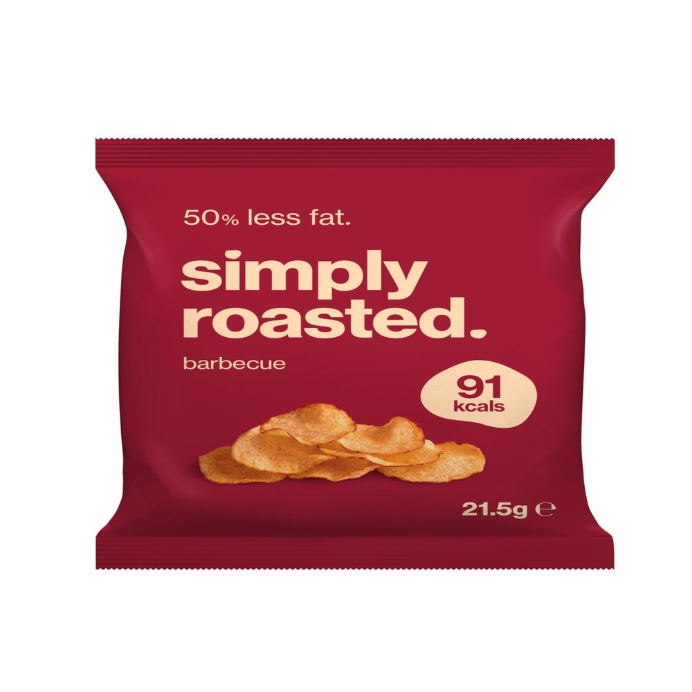Simply Roasted - Barbecue Crisps | 24 x 21.5g Impulse Bags | Smoky & Bold | Vegan | 50% Less Fat | Under 99 Calories Per Serve | Triple Cooked for the Ultimate Crunch | Gluten & Allergen-Free