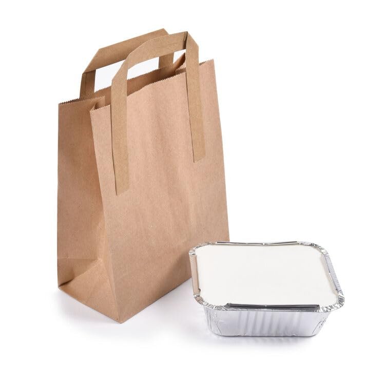 100 - Pack Kraft Paper Bags with Flat Handles  Medium 8x10x4.5 | 70gsm Recyclable Gift, Takeaway & Grocery Bags for Cafes, Retail, Events