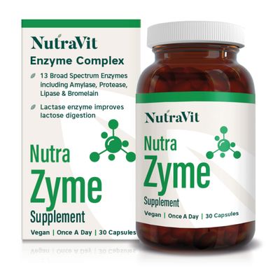 NutraZyme - Digestive Enzyme Complex - 13 Broad Spectrum Enzymes Including Amylase, Protease, Lipase & Bromelain, with Lactase for Lactose Intolerance - NutraVit, 30 Capsules