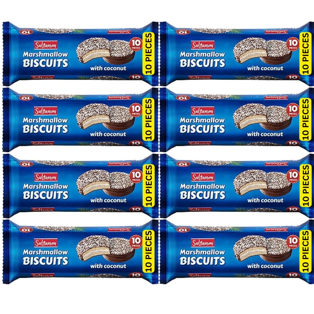 Sultanim Chocolate Coated Marshmallow biscuits with Coconut flakes (8 packs, 80 biscuits)