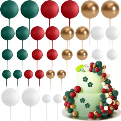 32 Pcs Ball Cake Topper Decorations Balloons Cupcake Topper DIY Cake Insert Topper Foam Cake Balls Cake Decorations for Wedding Anniversary Birthday Cake Decorating (Green,Red,Gold,White)