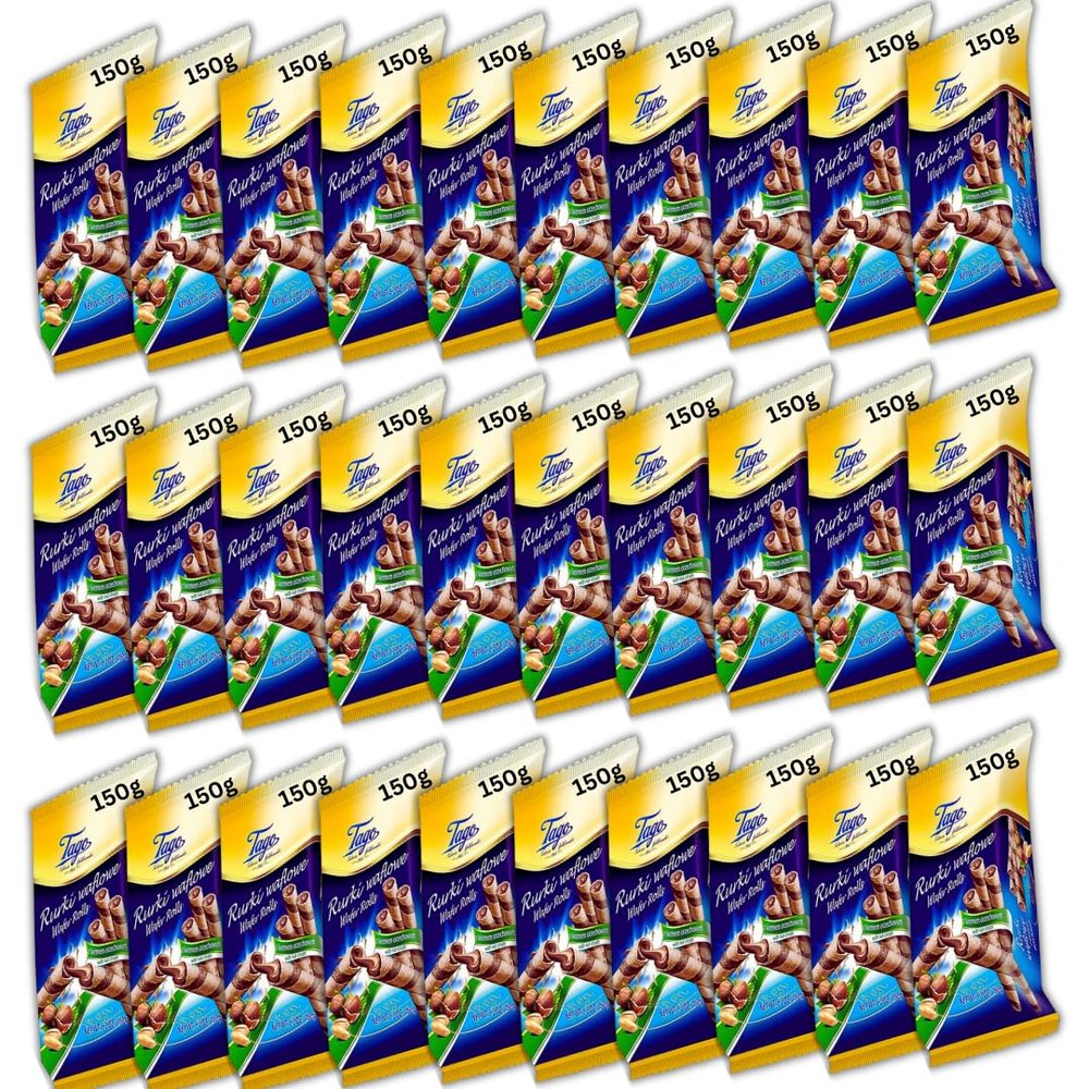 Tago Wafer Rolls full cream, Cocoa Vanilla Nut Coconut Box of 30 - Crispy Roll, Wafer Sticks, Wafer Straws in bulk (30 x 150g Nut)