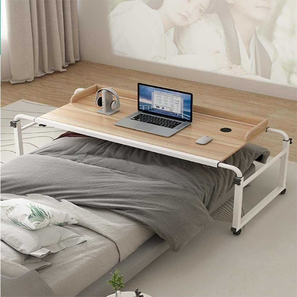 120-230cm Overbed Laptop Trolley Desk Height Adjustable 65-95cm Standing Workstation Laptop Cart Working Table Hospital Medical Cross Bed Table With Wheels(Color:Wood color)