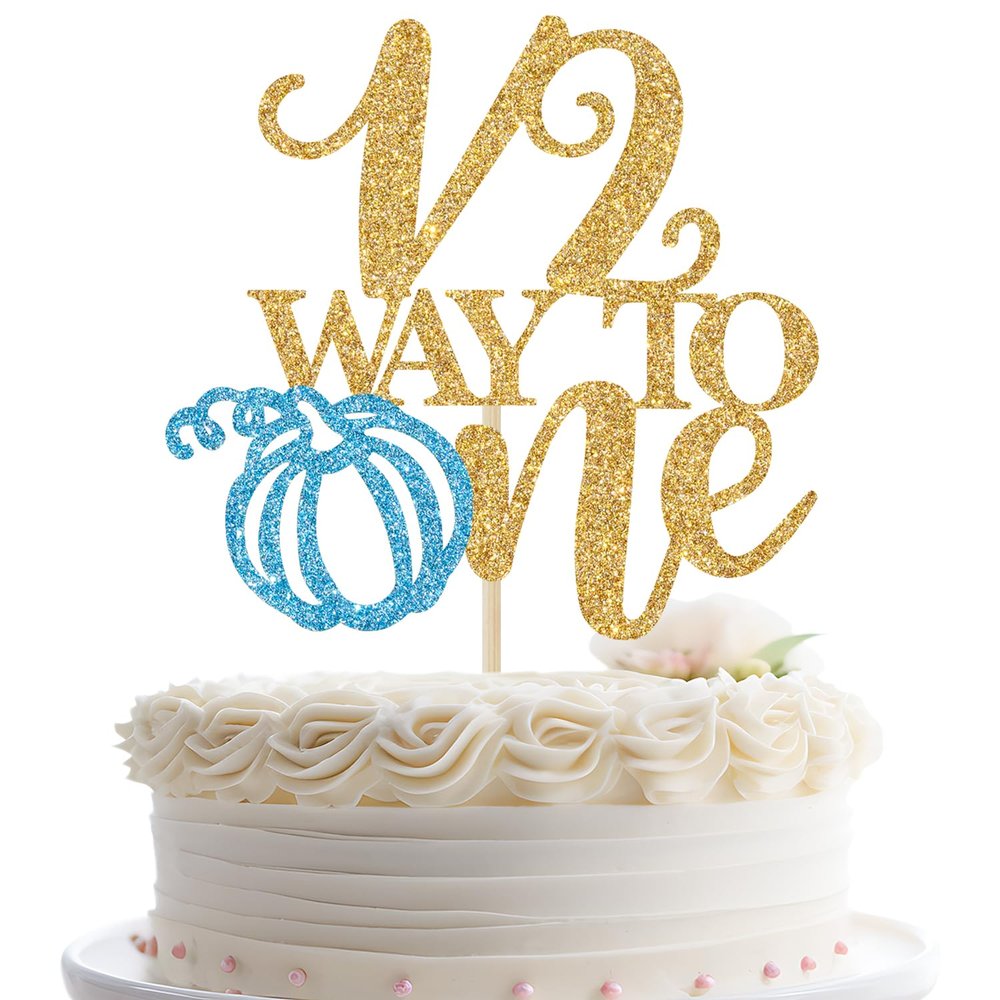 1/2 Way to One Cake Topper, Pumpkin Baby Shower Cake Topper, Halloween Half Year Birthday Party Decoration, Pumpkin Half Way to One Decor Gold & Blue Glitter