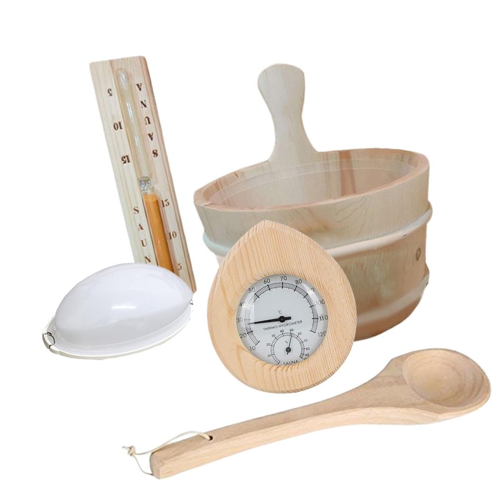 Colcolo Sauna Wooden Bucket and Ladle Kit,Sauna Accessories Set,Lamp,Thermometer for Sauna Room Sauna Heater Bathing SPA Centers Home