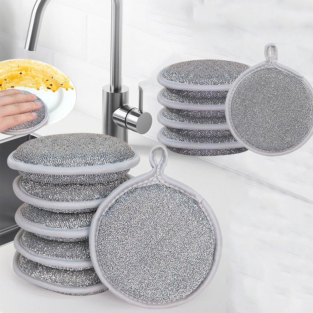 10PCS Multifuctional Wire Dishwashing Rags for Wet and Dry, New Upgraded Round Multipurpose Double Layer Non Scratch Wire Dishcloth Cleaning Washing Cloth for Dishes,Stove Tops,Sinks, Counters