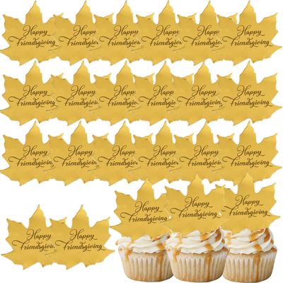 24 Pcs Happy Thanksgiving Cupcake Topper Fall Maple Leaf Shaped Acrylic Mirror Disc Cake Topper Engraved Happy Thanksgiving Decorations for Autumn Thanksgiving Day (Gold)