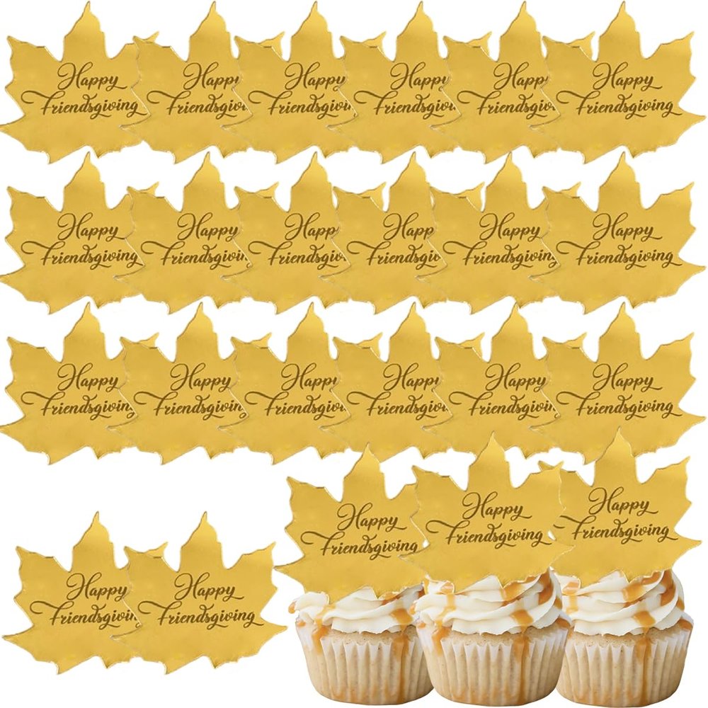 24 Pcs Happy Thanksgiving Cupcake Topper Fall Maple Leaf Shaped Acrylic Mirror Disc Cake Topper Engraved Happy Thanksgiving Decorations for Autumn Thanksgiving Day (Gold)