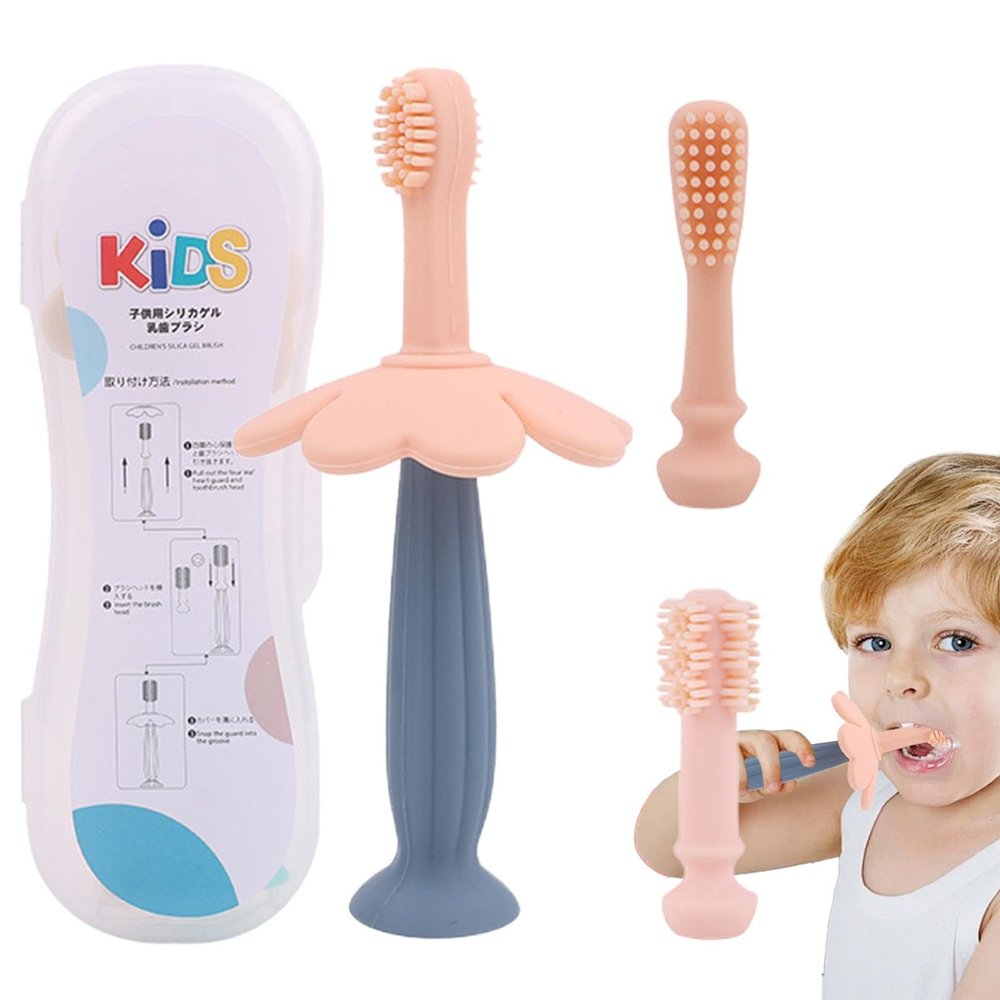 Bexdug Kids Silicone Toothbrush,Gentle Cleaning Kids Teeth Silicone Toothbrush | Outdoor Portable Toothbrush Includes 2 Replacing Brush Heads for Camping, Nursery, Bathroom