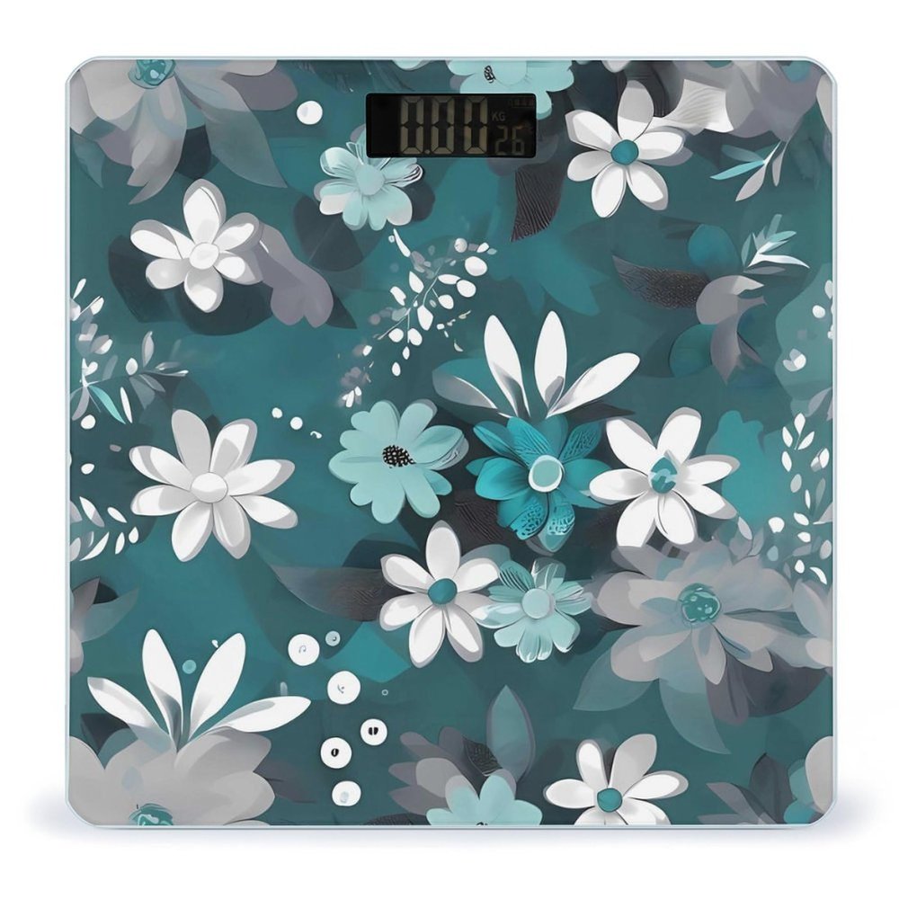 Weight Scale, Teal Grey and White Floral Print Digital Scale Bathroom Scale LCD Display Scale Body Weight Scale Portable Scale