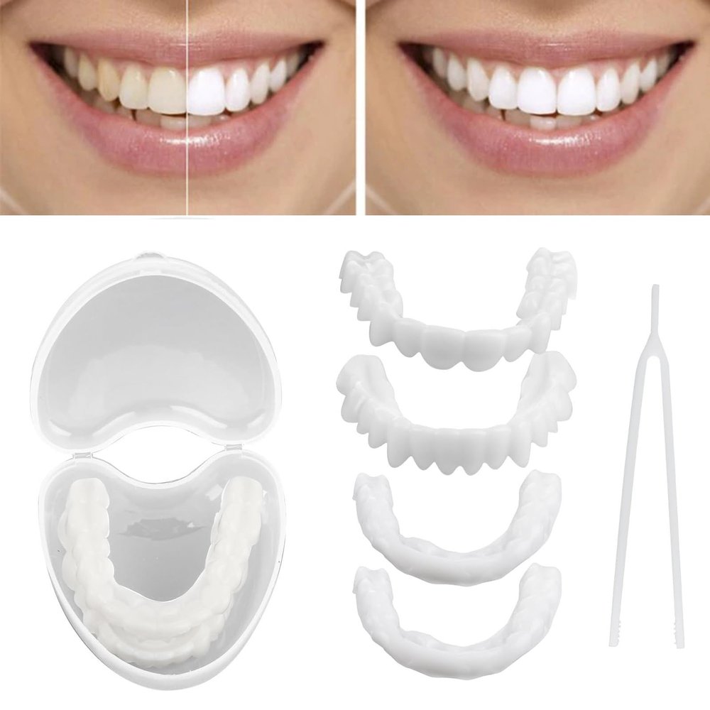 Wttfc 2 Pairs of Clip in Veneers Teeth, False Teeth Set, Fake Teeth Veneers, Upper and Lower Snap on Dentures, Instant Veneers Dentures, Smile Veneer Teeth with Mini Tweezers for Men Women