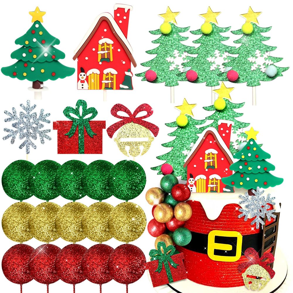 LaVenty Christmas Tree Cake Topper Christmas House Cake Decoration Green Red Balls Snowflake Cake Decoration Gingerbread House Cake Decoration for Christmas Party Supplies