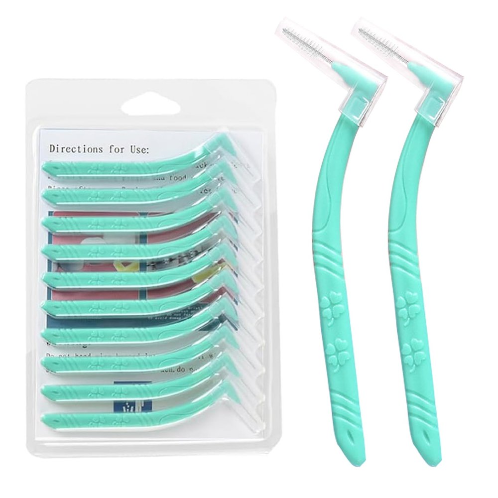 10 Pcs Angle Interdental Brushes, Angled Dental Brush for Teeth Cleaning, L Shape Interdental Brush for Teeth Clean Oral Hygiene Tooth Brushes, Easy Interspace Cleaning Teeth Brushes (Green, 0.8mm)