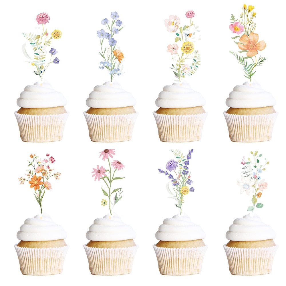 Rngmsi Wildflower Birthday Party Decorations, 40PCS Baby in Bloom Baby Shower Cake Decorations, Floral Cupcake Toppers Floral Baby Shower Decor Flower Cupcake Toppers Girls Women