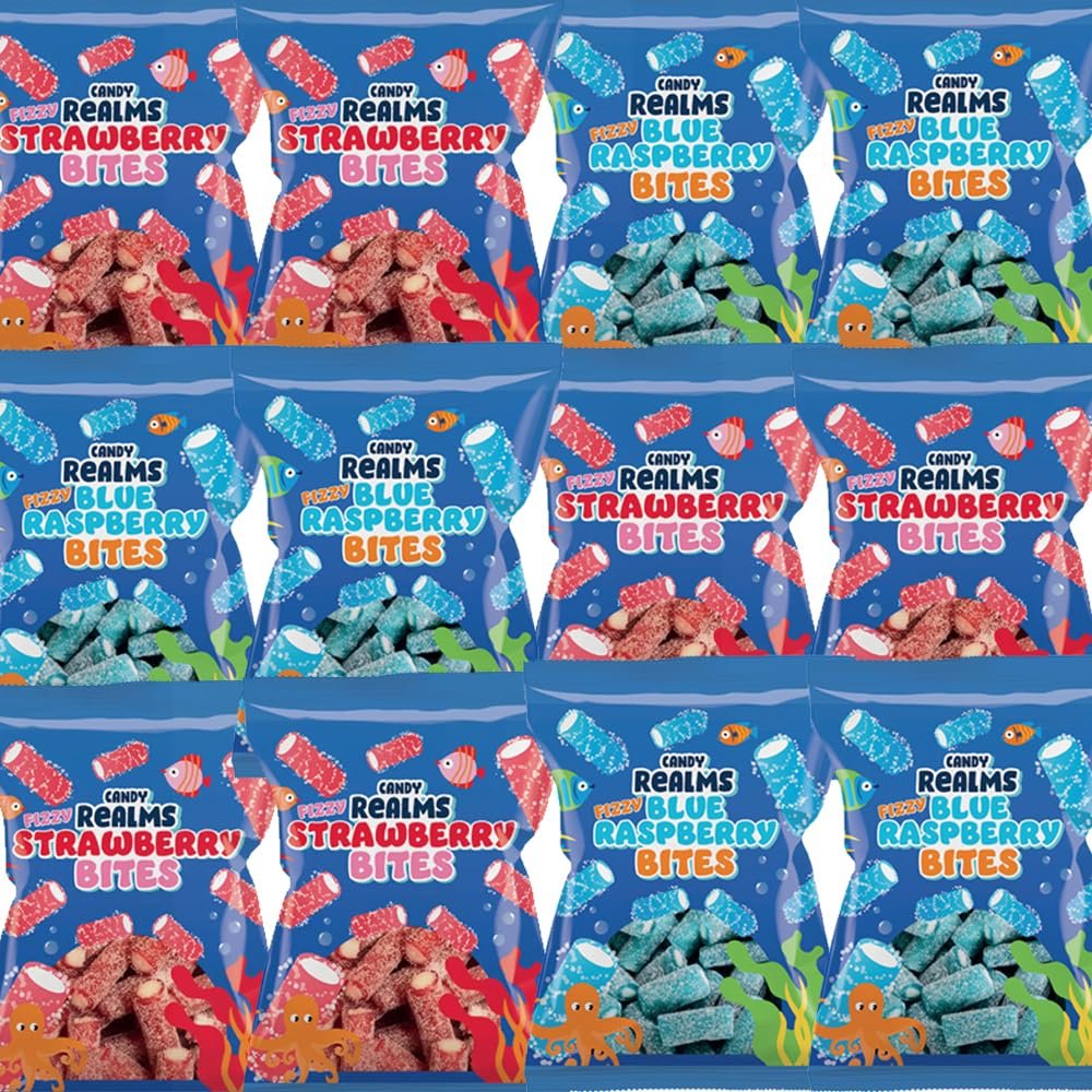 Candy Realmms Fizzy Blue Raspberry, Strawberry Bites Bag 170g - Sour Sugar Coated Flavoured sweets (12 Bags, Mixed)