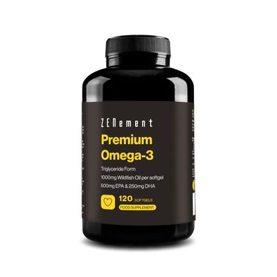 Omega 3 Premium - Triglycerides for Optimal Absorption - 1000 mg EPA + 500 mg DHA per Dose - Wild Fish Oil Certified FOS - 120 Capsules
