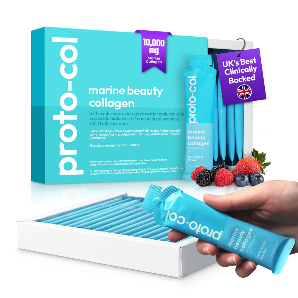 Proto-col Marine Collagen - 10,000mg hydrolysed Collagen Peptides Liquid Gel Sachets with Hyaluronic Acid & Vitamin C - High Absorption Formula for Skin Hydration & Anti-Aging Support (15 Sachets)