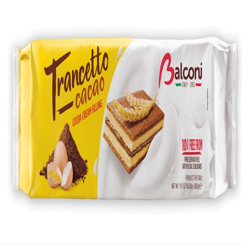 Balconi Trancetto Cake - Premium Quality Italian Sponge Cakes (Free from preservatives) | 280g each with 10 snacks inside | (10 Packets, Chocolate cream filling)