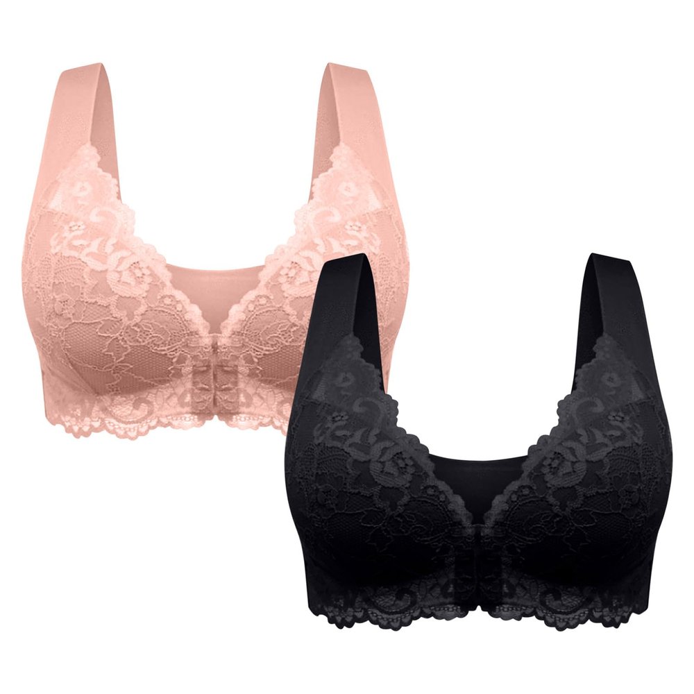 2PC Everyday Bra for Women UK Plus Size Front Fastening Bras Wide Straps Comfortable and Breathable Underwear Full Coverage Bras Bralettes Push Up Bra Ladies Sleep Bra