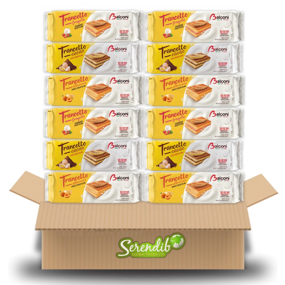 Balconi Trancetto Cake Assortment Pack - Premium Quality Italian Sponge Cakes | 280g each with 10 snacks inside | Strawberry, Cocoa & Apricot flavours | (4 Packets Each - Total 12 Pack)