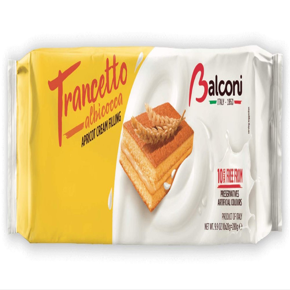 Balconi Trancetto Cake - Premium Quality Italian Sponge Cakes (Free from preservatives) | 280g each with 10 snacks inside | (10 Packets, Apricot cream filling)